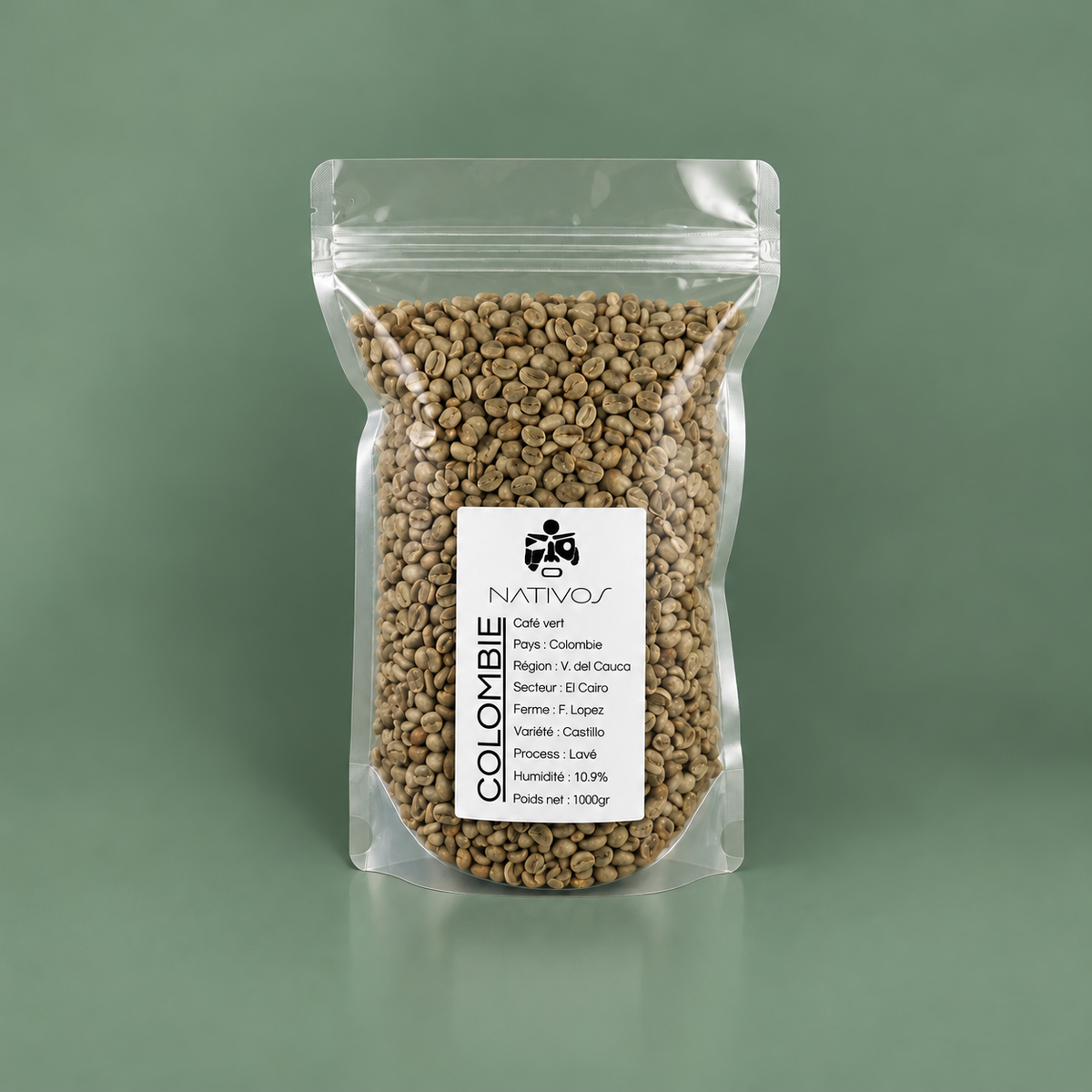 Café vert Colombie Arabica semi-lavé, sachet transparent de 1 kg, Nativos