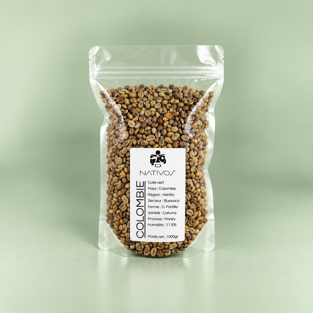 Café vert Colombie Caturra honey, sachet transparent de 1 kg, Nativos