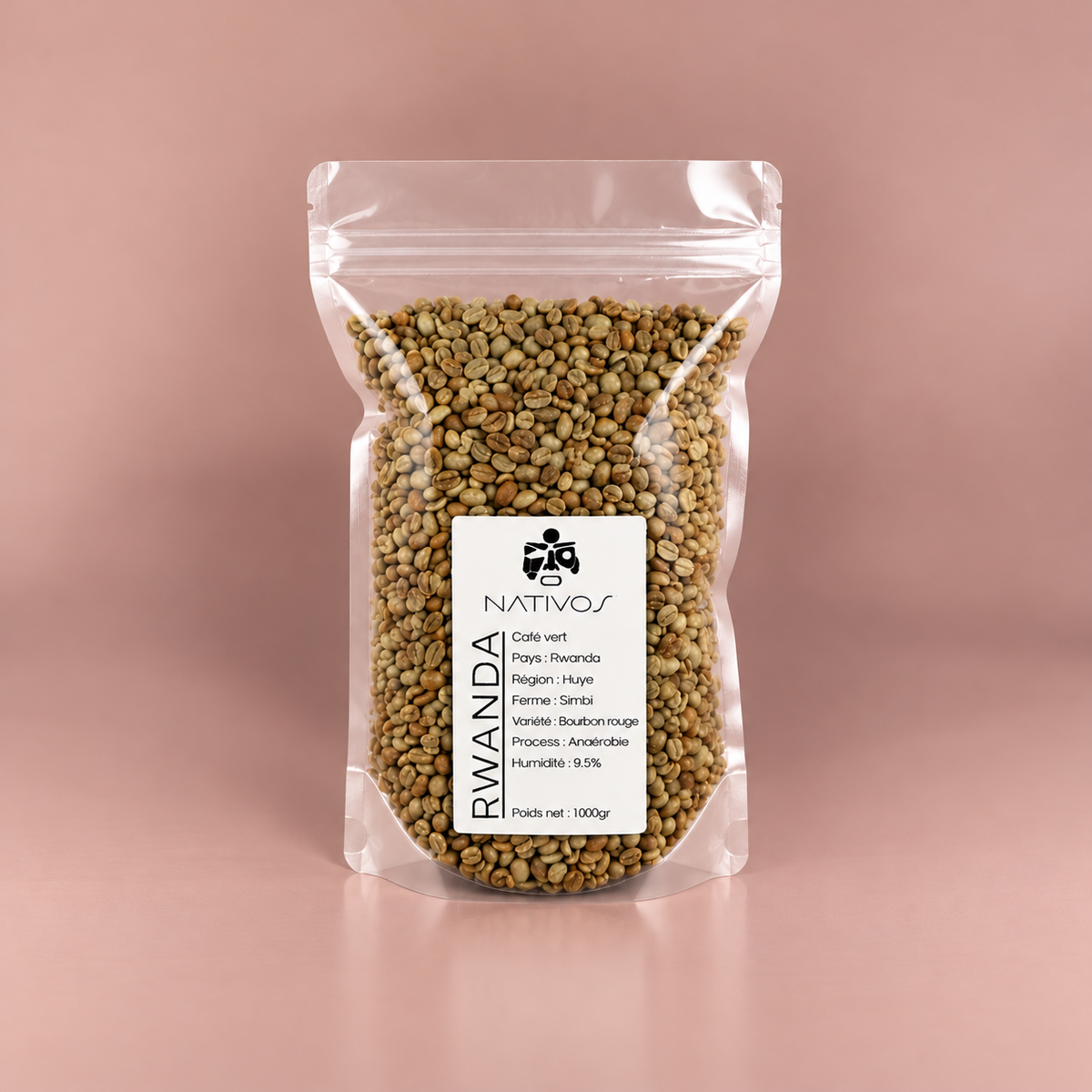 Café vert Rwanda Bourbon Rouge anaérobie, sachet transparent de 1 kg, Nativos